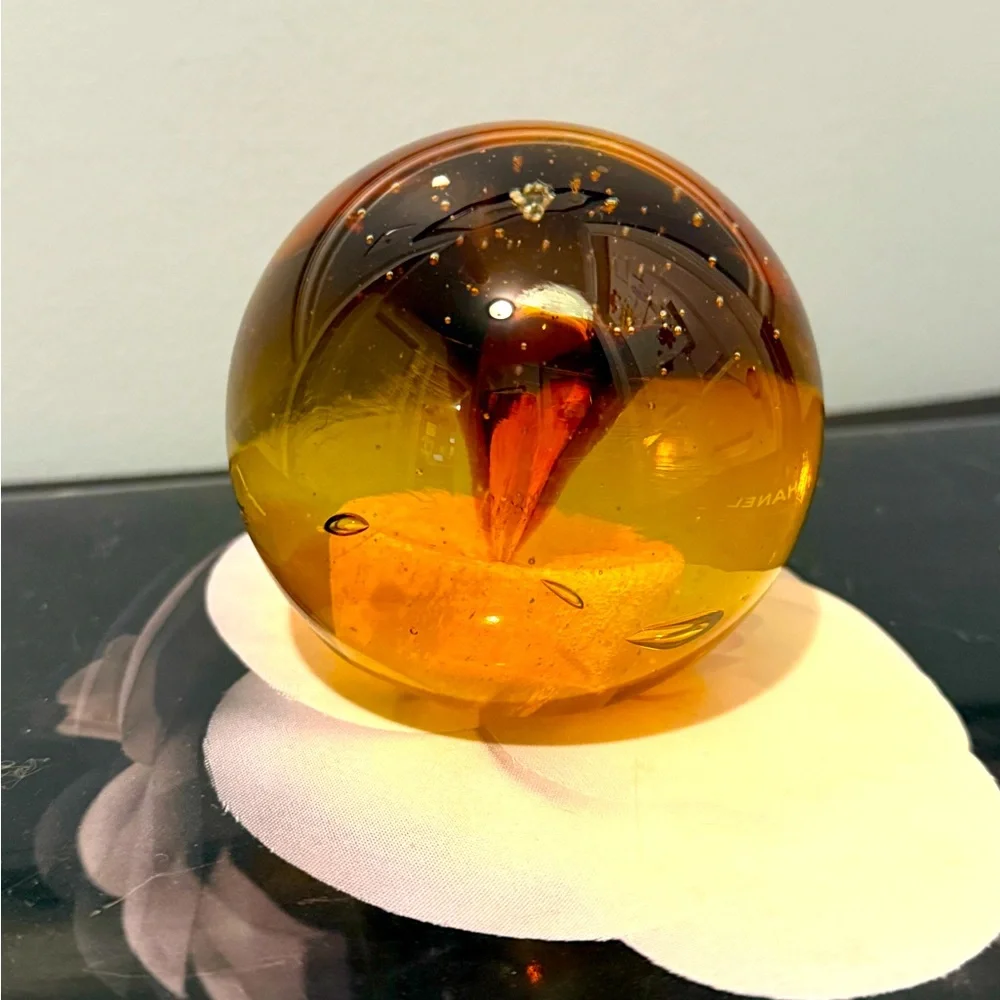 Vintage Glass Paperweight Ball Tornado Bubbles Art Glass in Amber